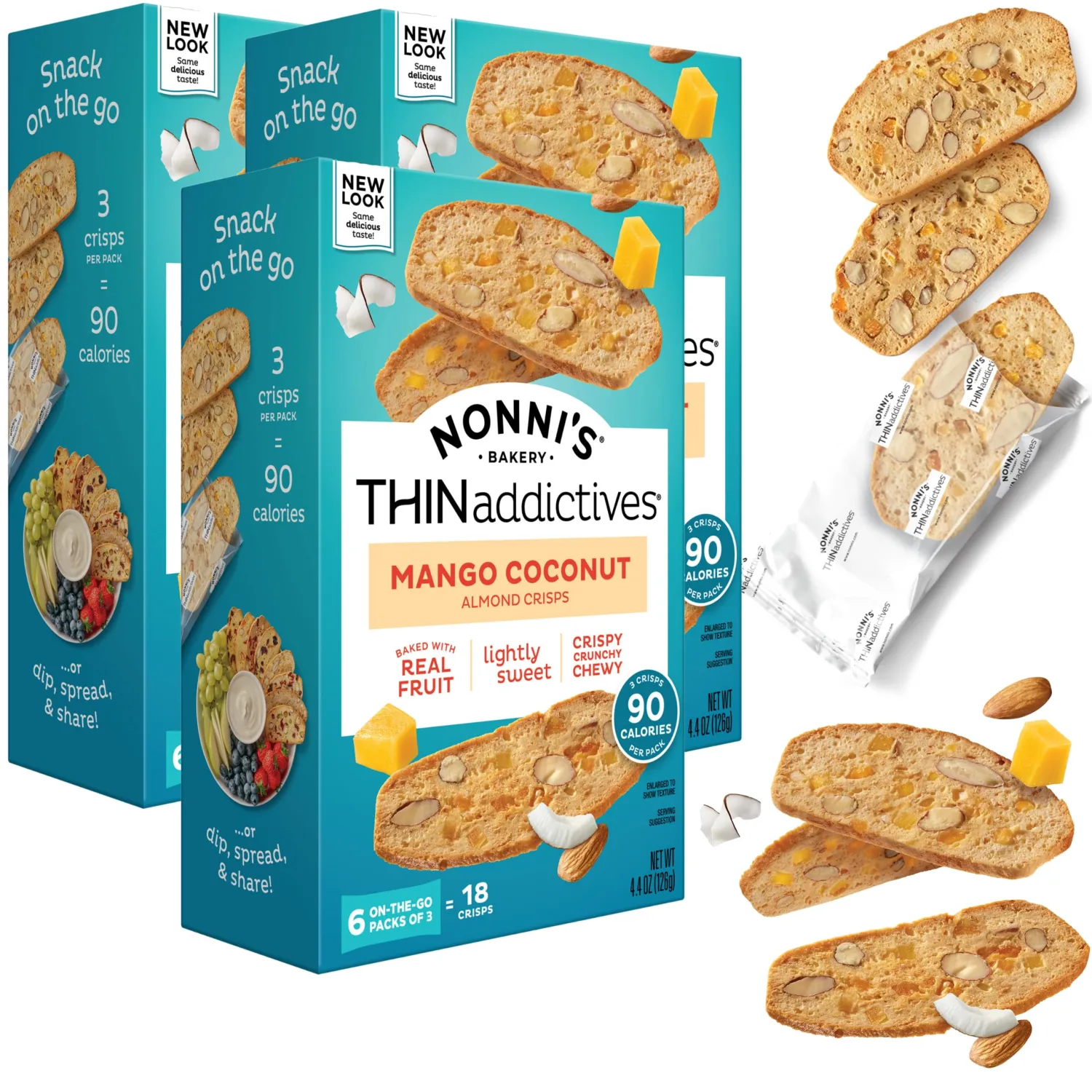Nonni's THINaddictives Almond Thin Cookies - 3 Boxes Mango & Coconut Almond Cookies - Sweet Crunchy & Chewy Almond Cookie Thins - Biscotti Individually Wrapped Cookies - Kosher Coffee Cookies - 4.4 oz