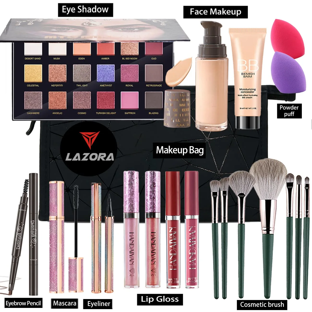 All in One Makeup Kit for Women Full Kit(Eyeshadow Palette,Lip Gloss,Foundation,BBCream,Mascara,Eyebrow Pencil,Eyeliner,Powder Puff,Makeup Brushes,Cosmetic Bag) Teens for Girls Makeup Set