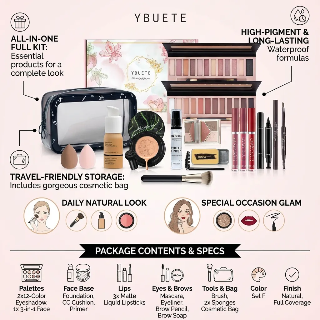Makeup Set Kit for Women Full Kit, Makeup Present for Women Teen Girl, Eyeshadow Foundation CC Cream Face Primer Brush 3 in 1 Palette Lip Gloss, Eyebrow Soap Mascara Eyeliner Makeup bag