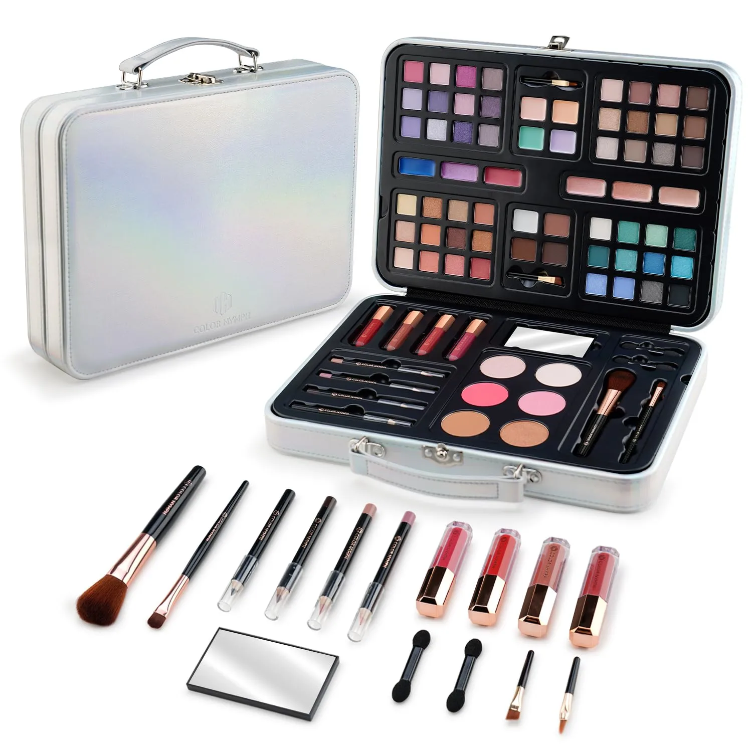 All in One Makeup Kits for Teens Girl Beginner with Hand Bag Included 54 Colors Eyeshadow Blush Bronzer Highlighter Concealer Lipgloss Eyeliner Lipliner(Silver)