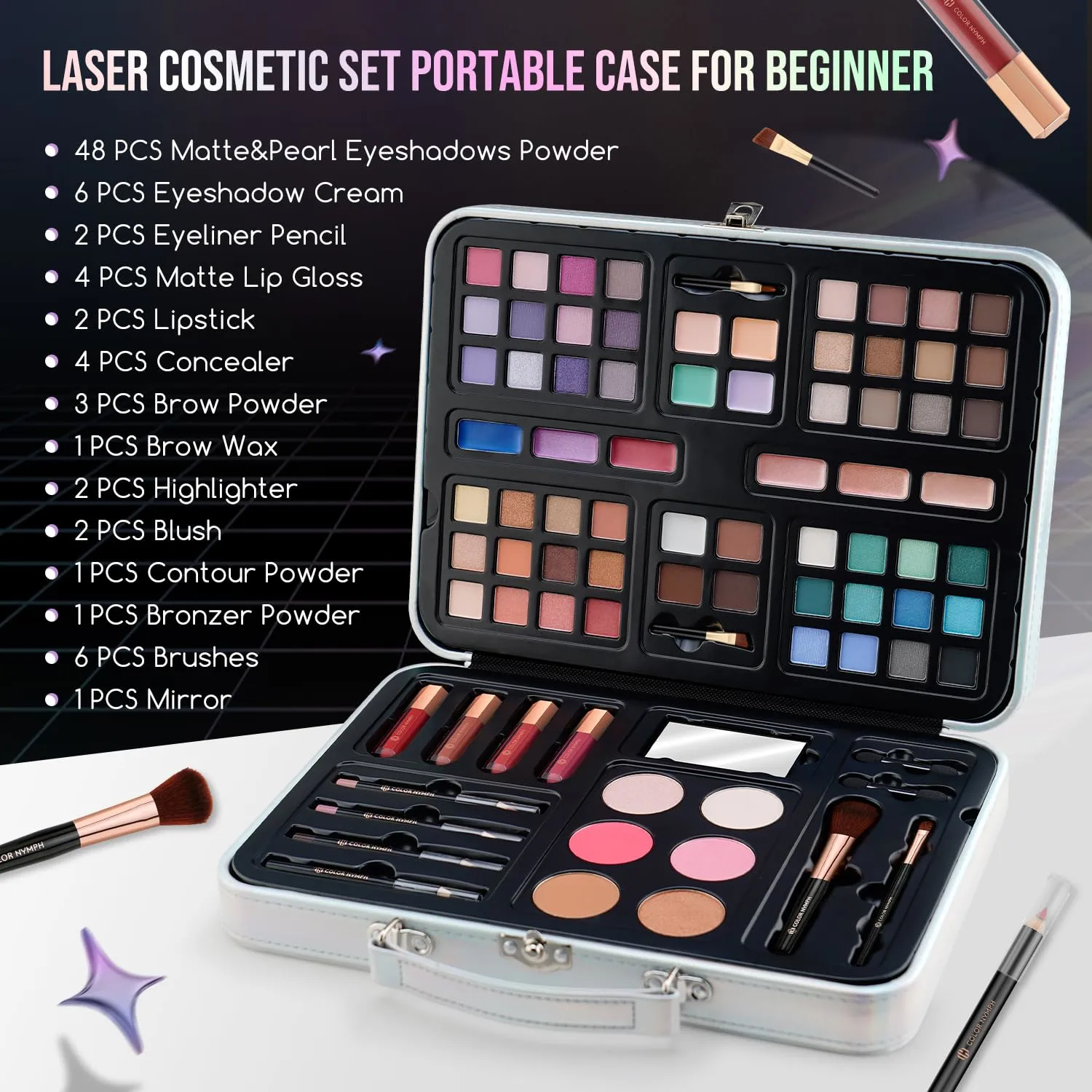 All in One Makeup Kits for Teens Girl Beginner with Hand Bag Included 54 Colors Eyeshadow Blush Bronzer Highlighter Concealer Lipgloss Eyeliner Lipliner(Silver)