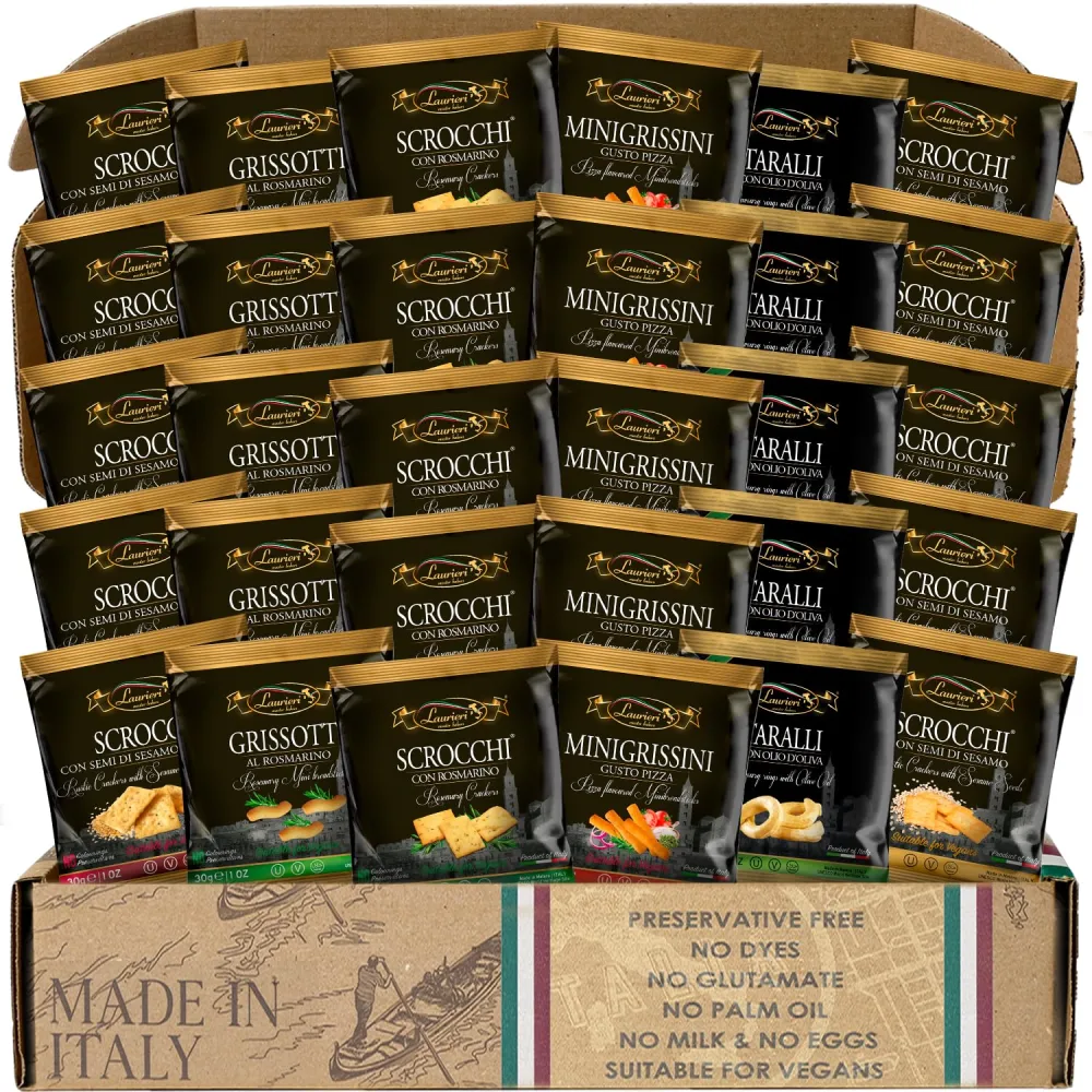 Italian Cracker Assortment - Pack of 30 - Snack Size Cracker Packs - Great Mother's Day Gift - Gourmet Artisan Cracker Variety Pack - Rosemary, Olive, Sesame, Poppy & Sesame, Pizza Flavors - Gourmet Crackers for Charcuterie Party - Cracker Gift Box - Kosher, Preservative Free