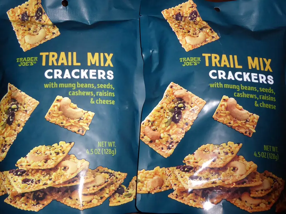 Trader Joe's Trail Mix Crackers with Mung Beans, Seeds, Cashews, Raisins & Cheese - Great Snack - Perfect Texture! (2 Pack) 4.5oz Each