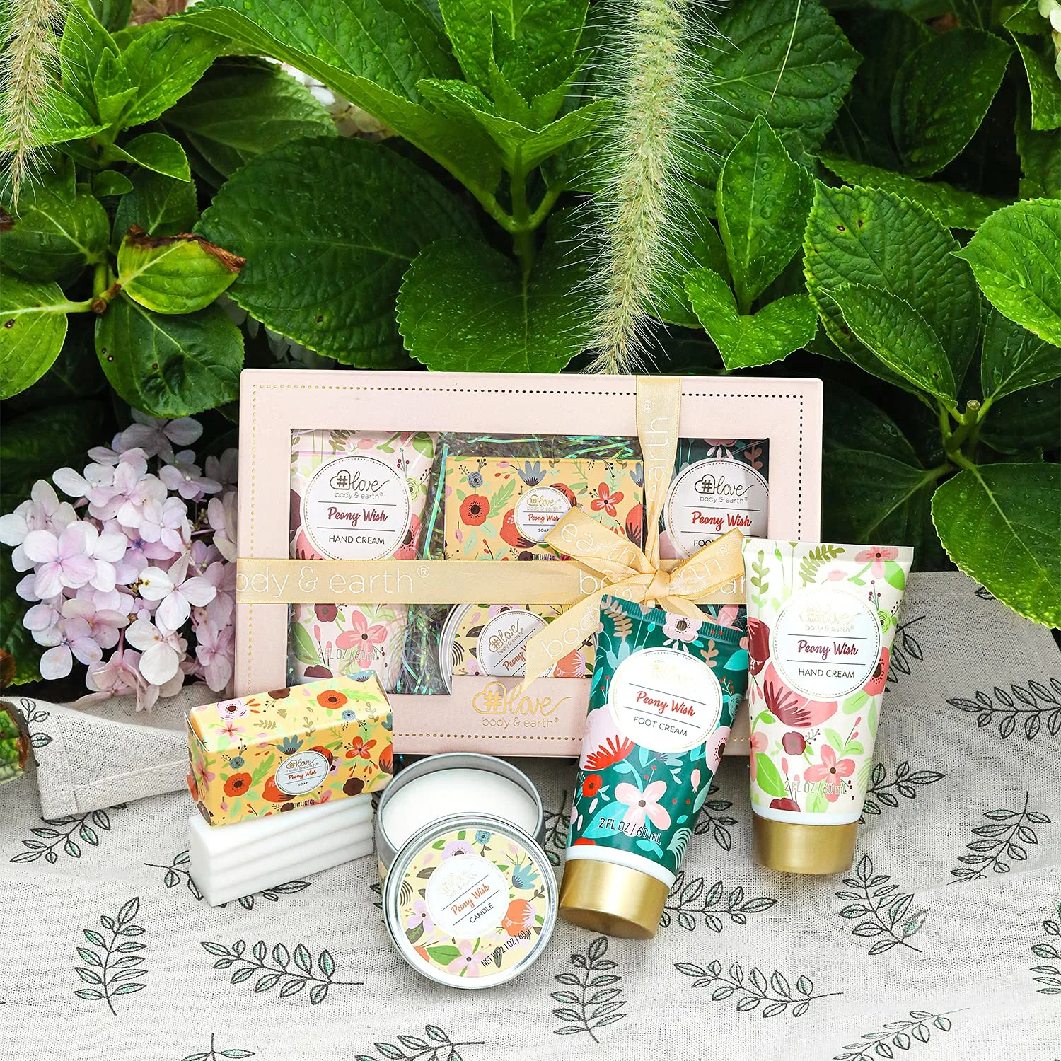 Gift Set - Lotion Sets for Women Gift, Peony Wish Body Cream Gifts Set, Include Hand Cream, Foot Cream, Soap, Scented Candle, Body Care for All Skin Types Skin Care Gift Set for Women