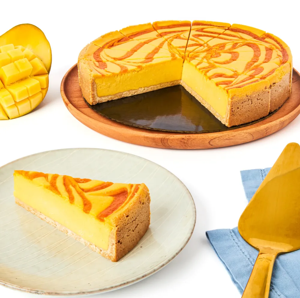 David's Cookies Mango Cheesecake 10" - Pre-sliced 14 pcs. Cheescake With Swirls Of Mango On Top. Fresh Tropical Bakery Dessert Great Gift Idea for Women, Men and Kids