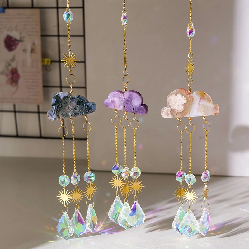 Natural Crystal Agate Cloud Sun Catcher Ornaments Window Sill Forest Garden Wind Chimes Color Lighting Pendant