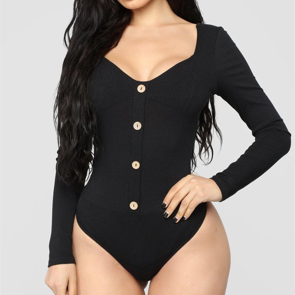 Women's Long-sleeved Deep U Backless Button Jumpsuit Bottoming Shirt