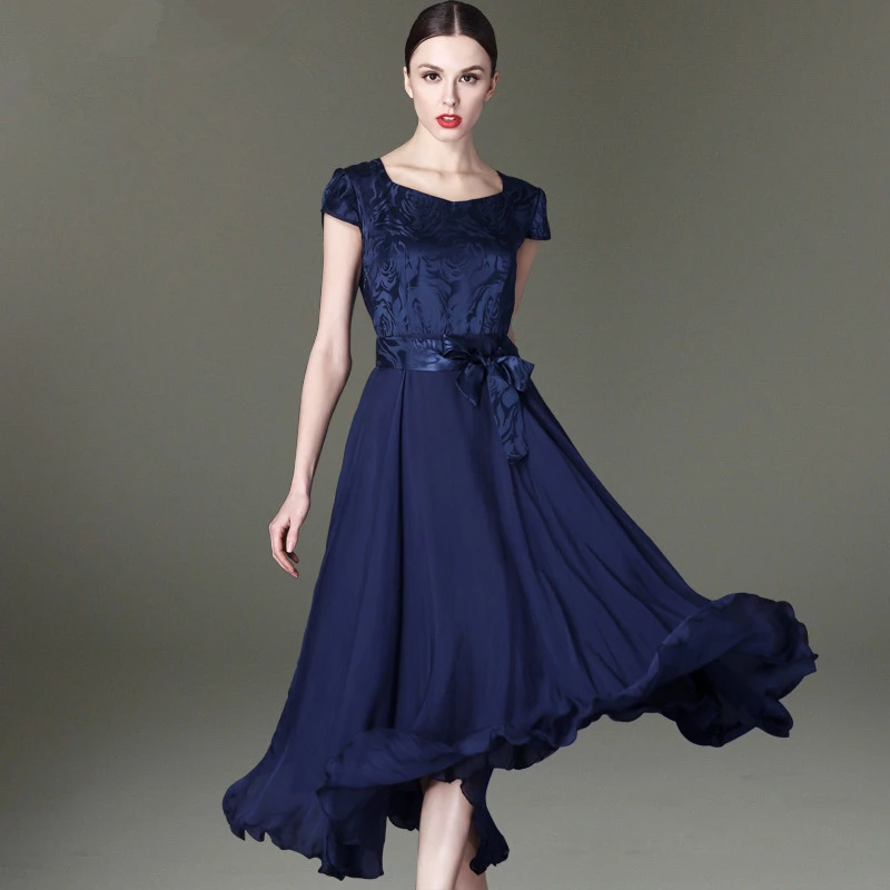 Printed Mid-length Blue Dress Slim Fit