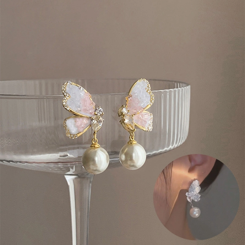 Gradient Butterfly Pearl Earrings With Rhinestones Luxury Personalized Earrings For Women