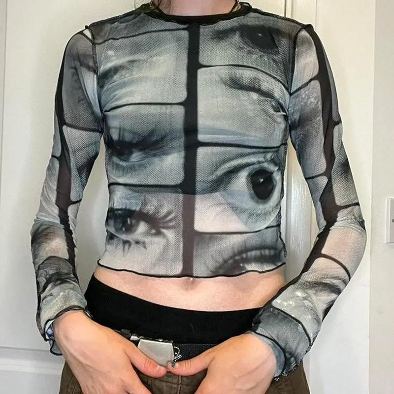 AutumnIns Personality Street Eye Print Slim Mesh T-shirt