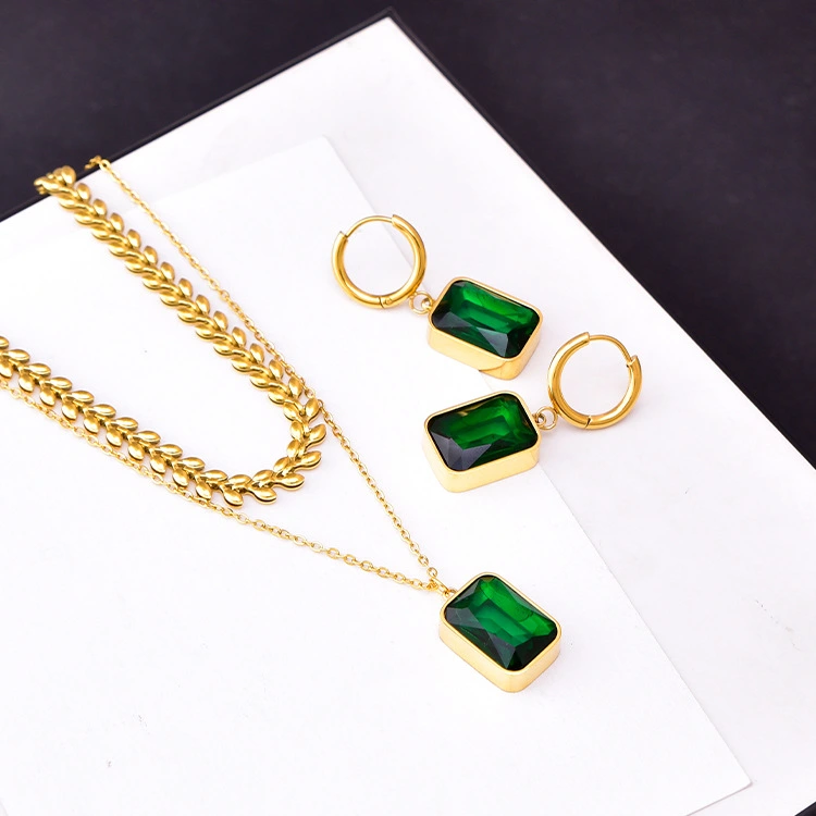 Women's Emerald Double-layer Wheat Lvzuan Necklace Earrings