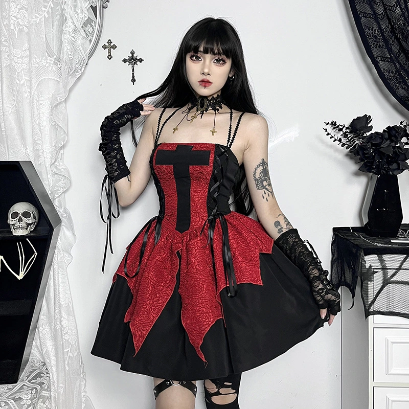 Dress Women's Retro Beautiful Red Patch Cross Print Lace Tight Dress