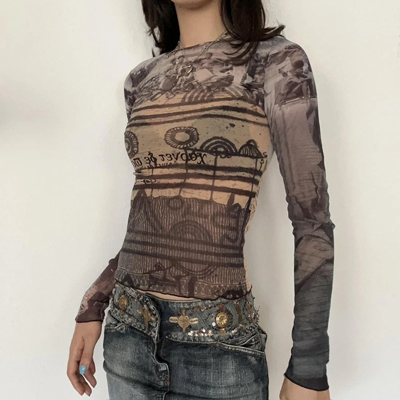 Mesh Vintage Women's Printed Crew Neck Top