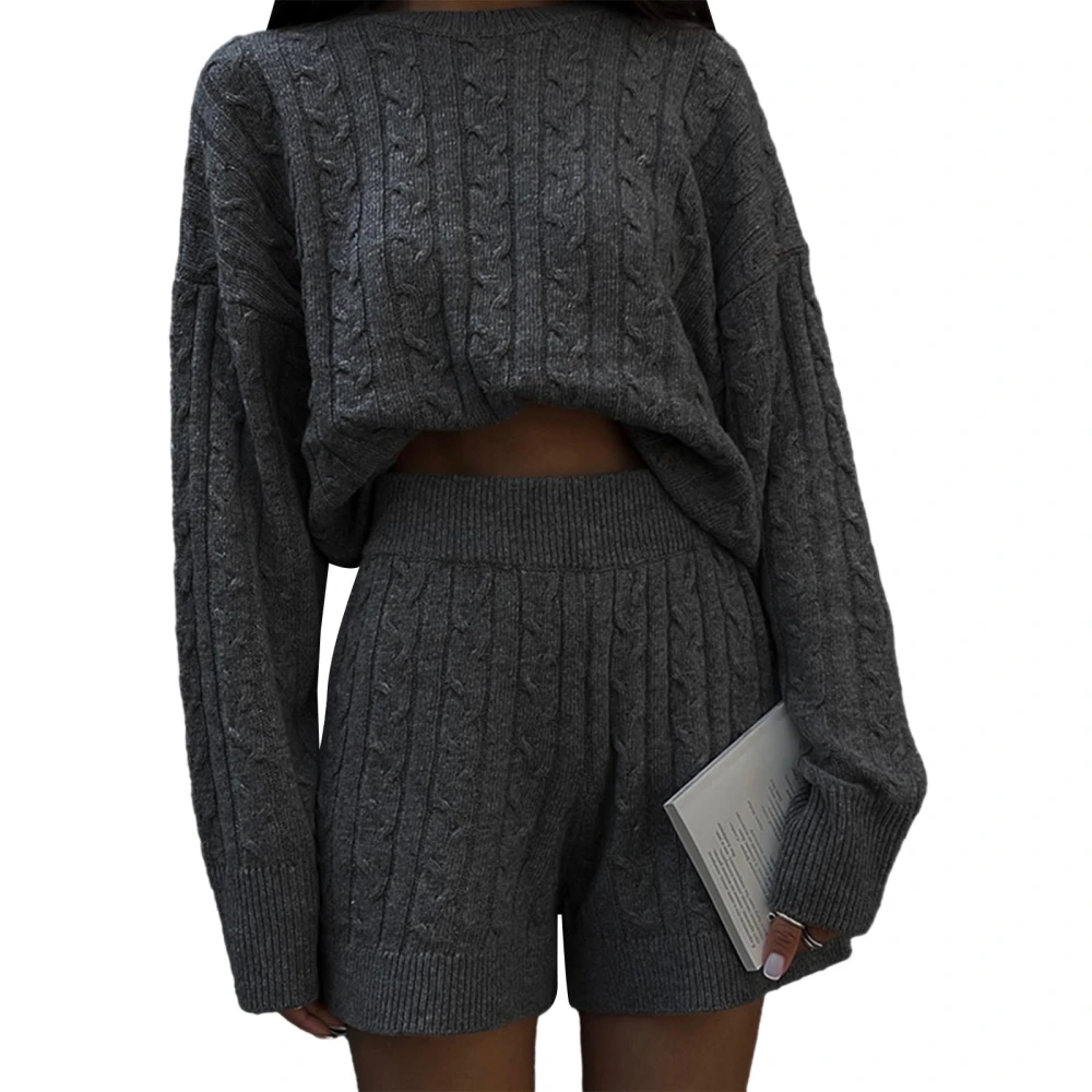 Women's Autumn Long Sleeve Crewneck Sweater Tops Knit Shorts Sets