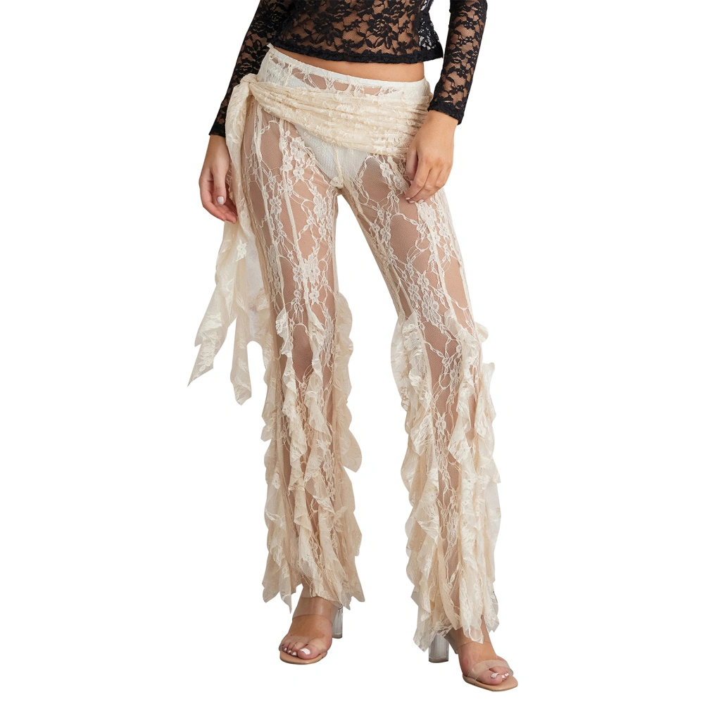 Women Summer Irregular Ruffle Sheer Lace Floral Beachwear Pants