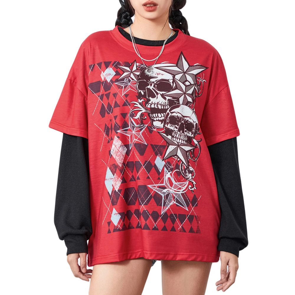 Women 2 Piece Set Long Sleeve Basic Shirts and Gothic Skull Print Tops