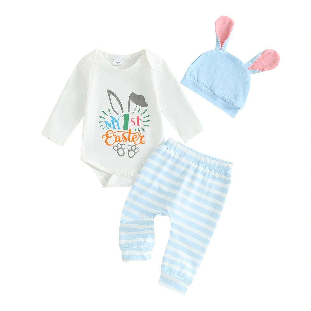 Baby Long Sleeve Letter Bunny Print Romper Tops Striped Pants Hat Sets