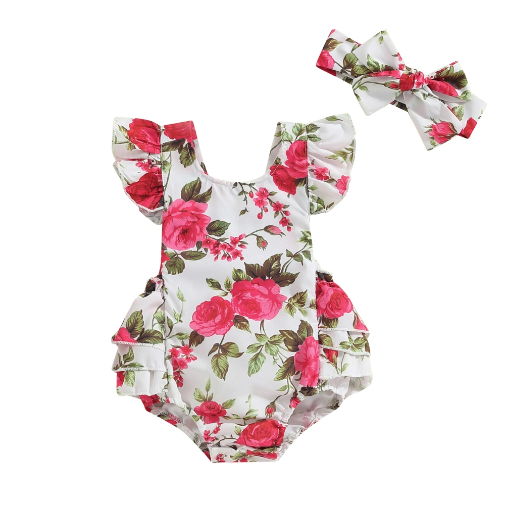 Newborn Girl Outfit, Fly Sleeve Crew Neck Flower Print Romper Hairband