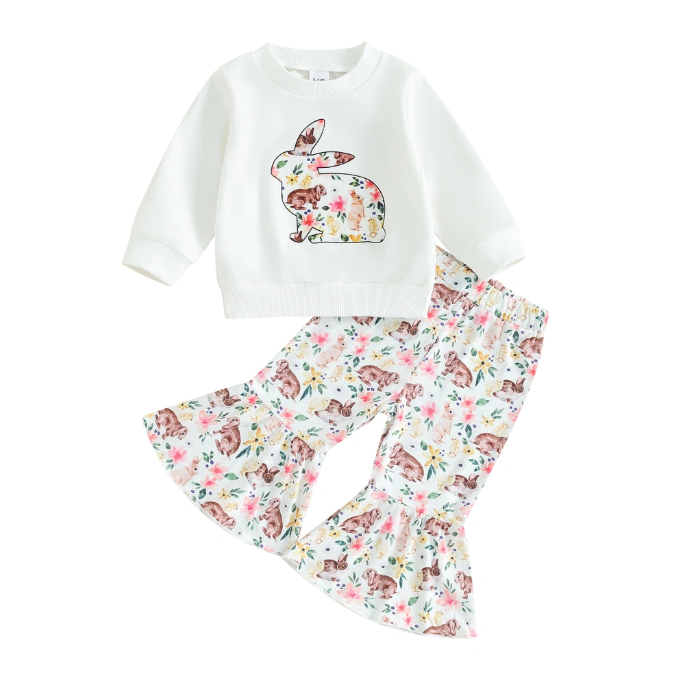 Long Sleeve Rabbit Print Tops + Flare Pants Baby Girl Easter Set