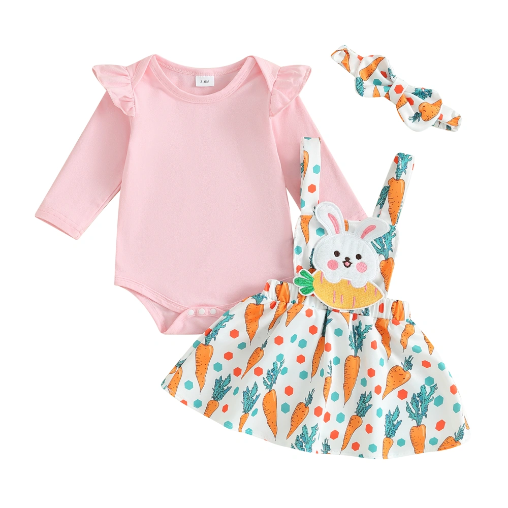 Girl Easter Long Sleeve Romper with Bunny Embroidery Dress Headband 