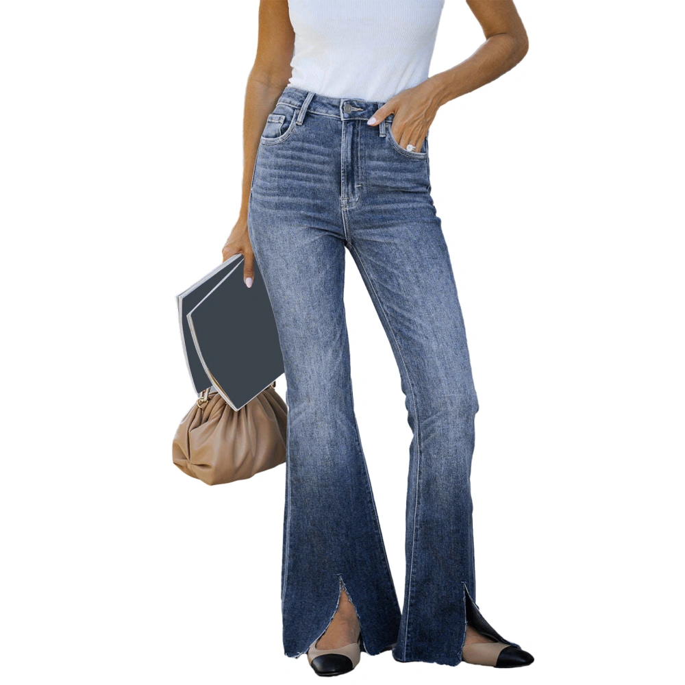 Women's Denim Flare Pants, High Waist Slit Wide Leg Jean Trousers