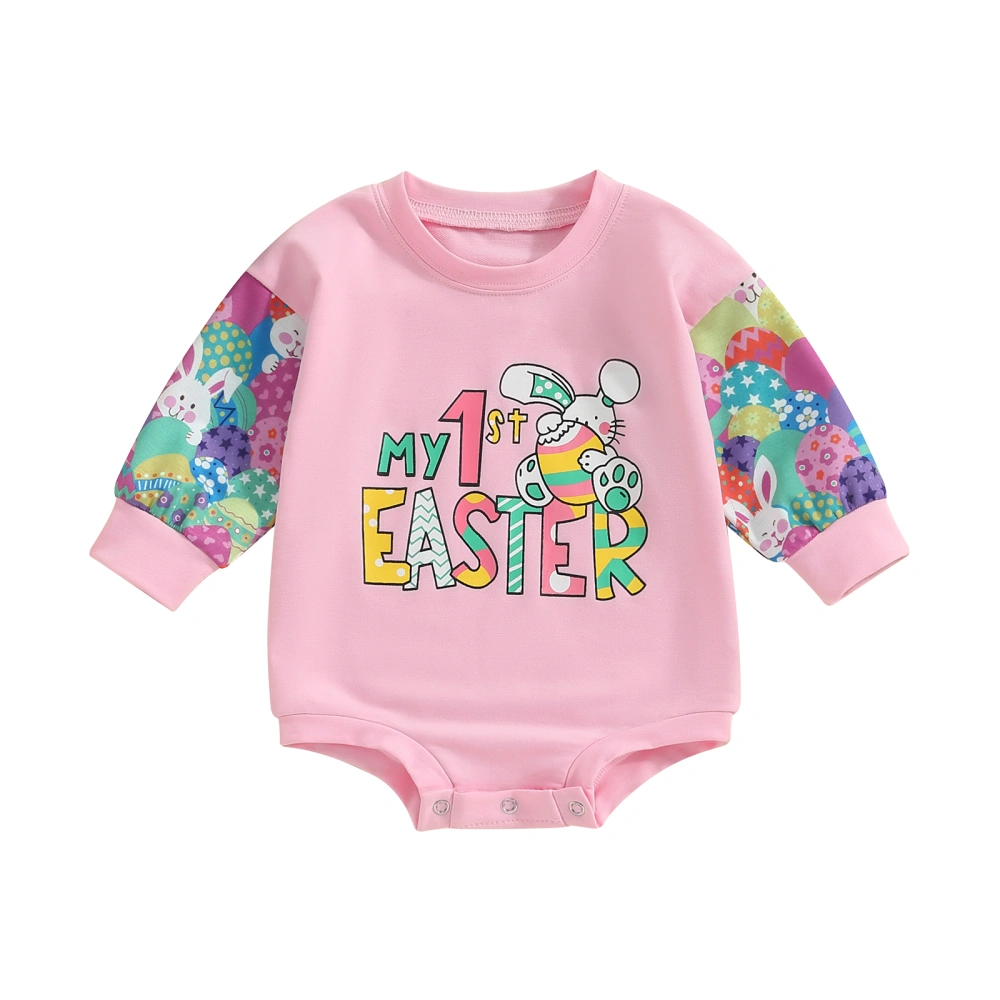 Long Sleeve Round Neck Letter Rabbit Print Baby Girl Easter Romper