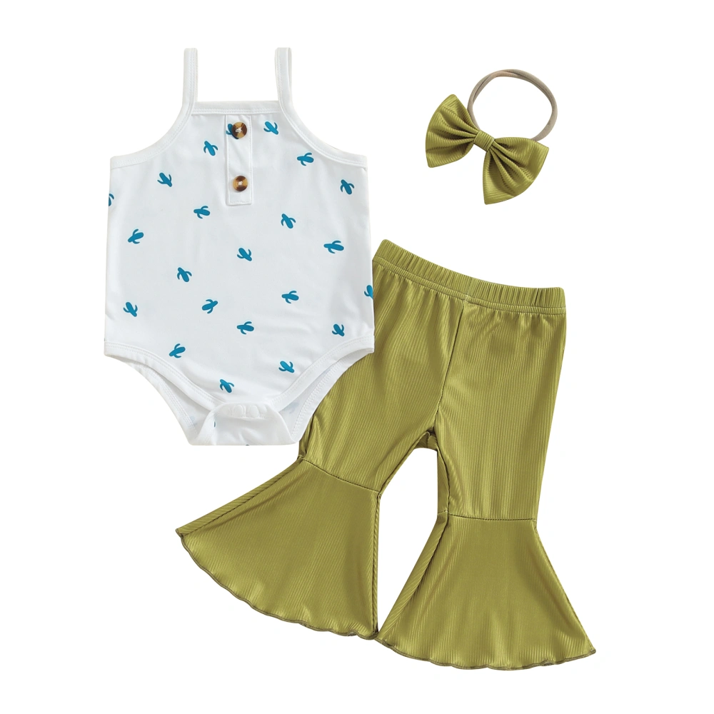 Baby Cactus Print Romper Solid Color Flared Pants Headband Sets