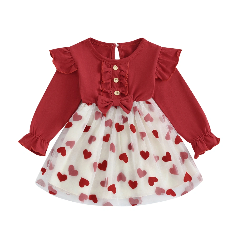 Round Neck Heart Mesh Print Frill Baby Girl Long Sleeve Tutu Dress 