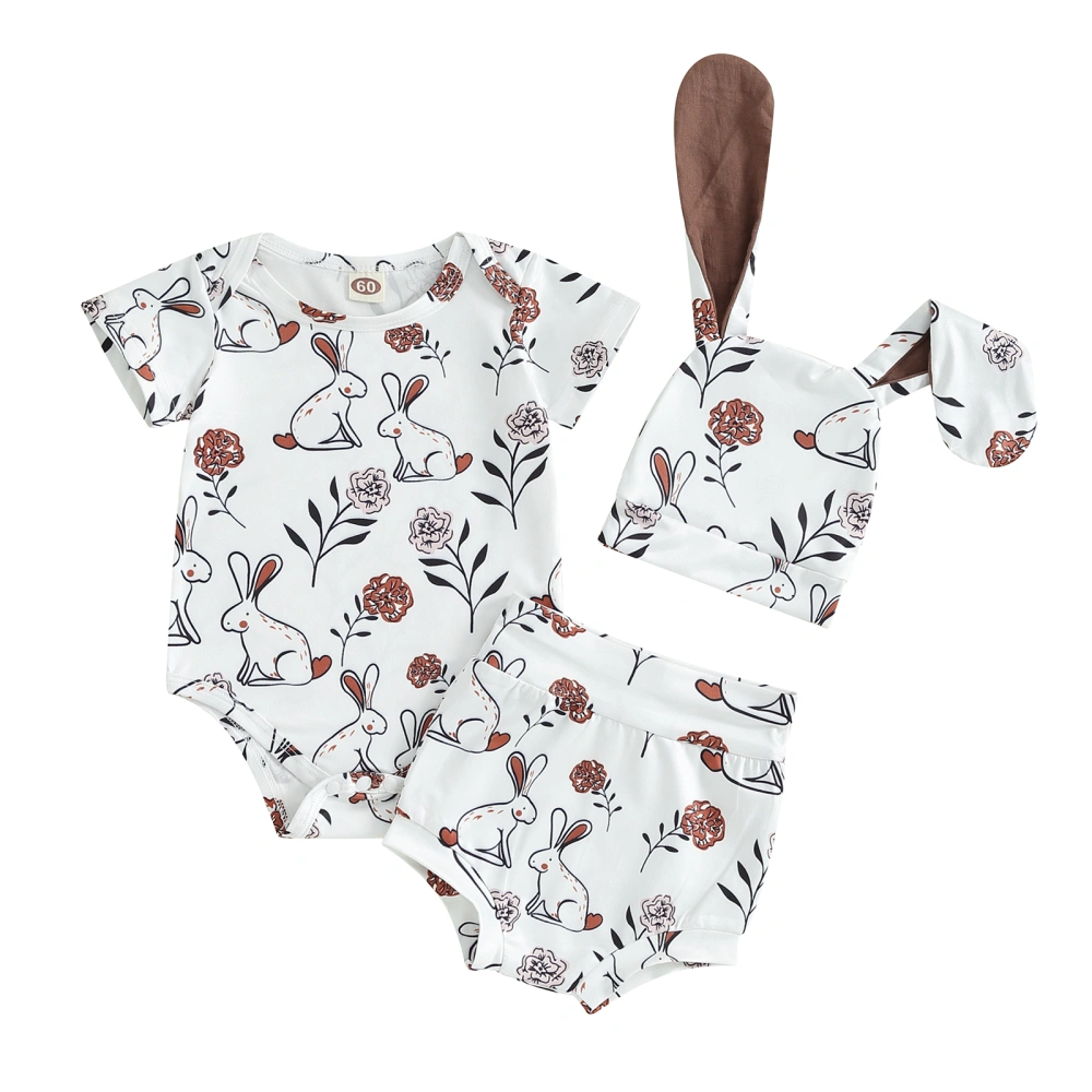 Baby Easter Outfit, Rabbit Flower Print Short Sleeve Romper Shorts Hat