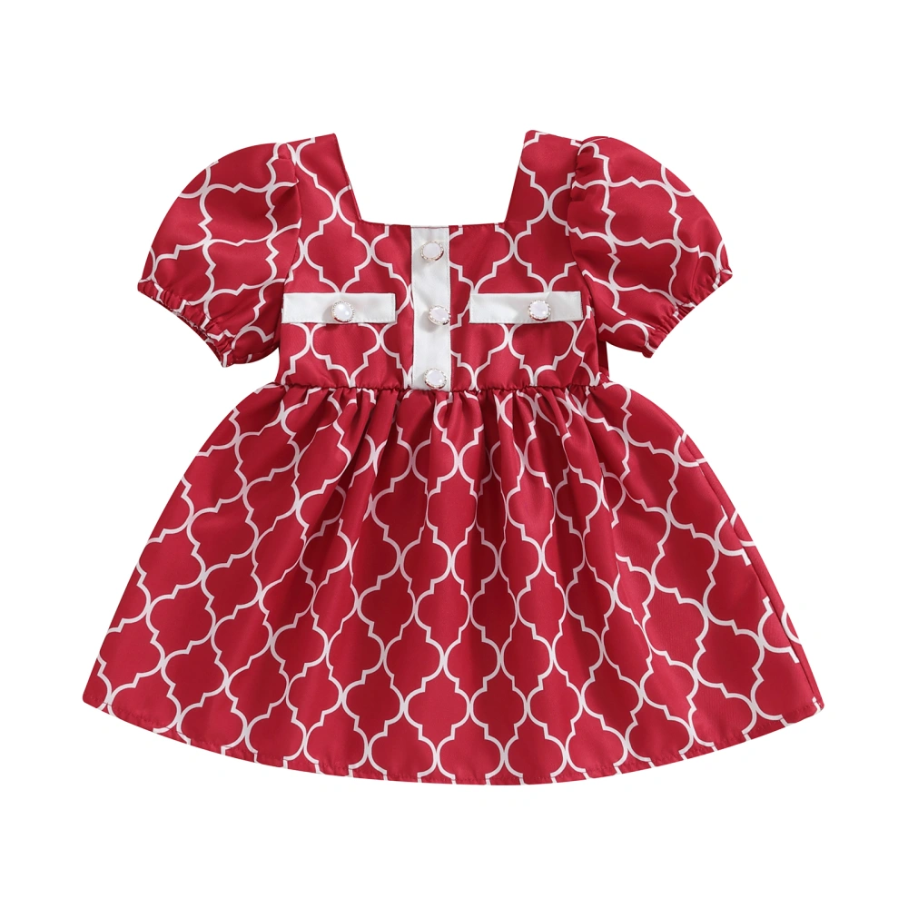 Girl’s Princess Dress, Short Sleeve Square Neck Printed A-line Dress