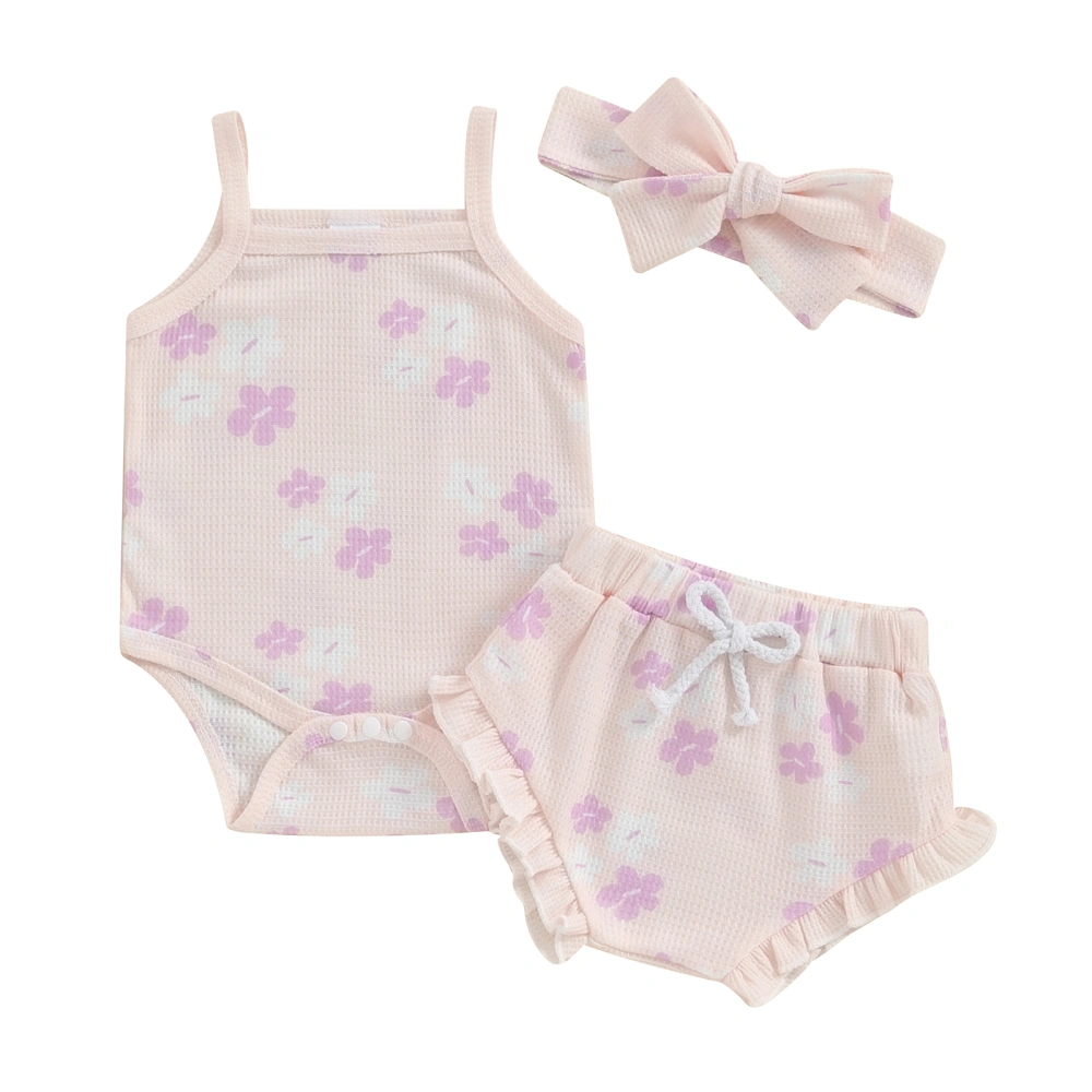 Baby Girls Sleeveless Flower Print Romper Drawstring PP Shorts Sets