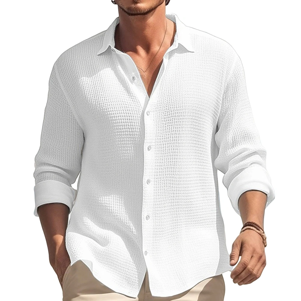 Men's Spring Loose Shirt, Solid Long Sleeve Lapel Collar Tops