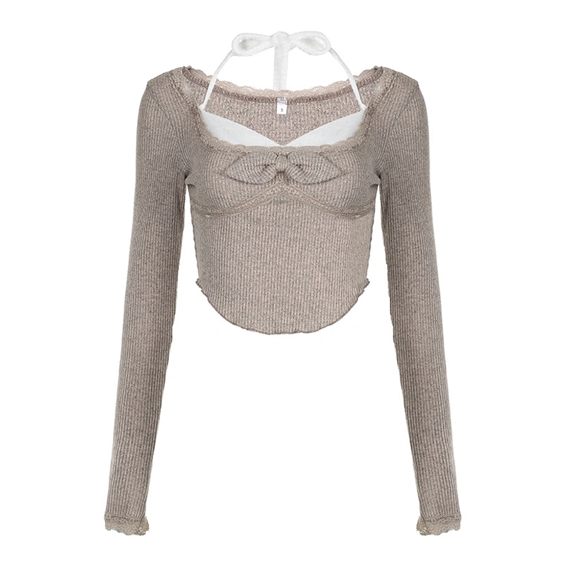 Women's Spring Khaki Long Sleeve Halter Neck Irregular Hem Knitwear