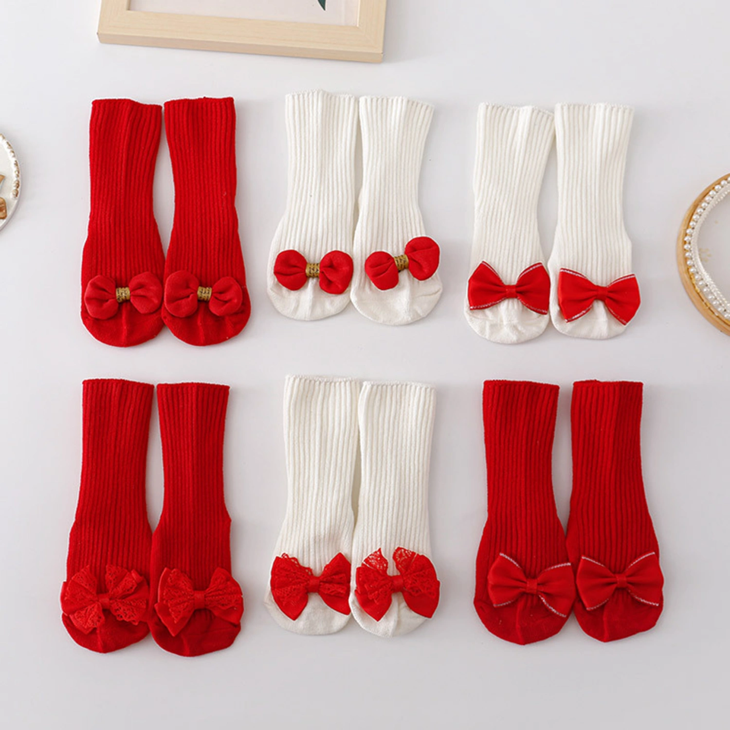 Christmas Baby Girls Socks, Soft Warm Bow Non-slip New Year Socks
