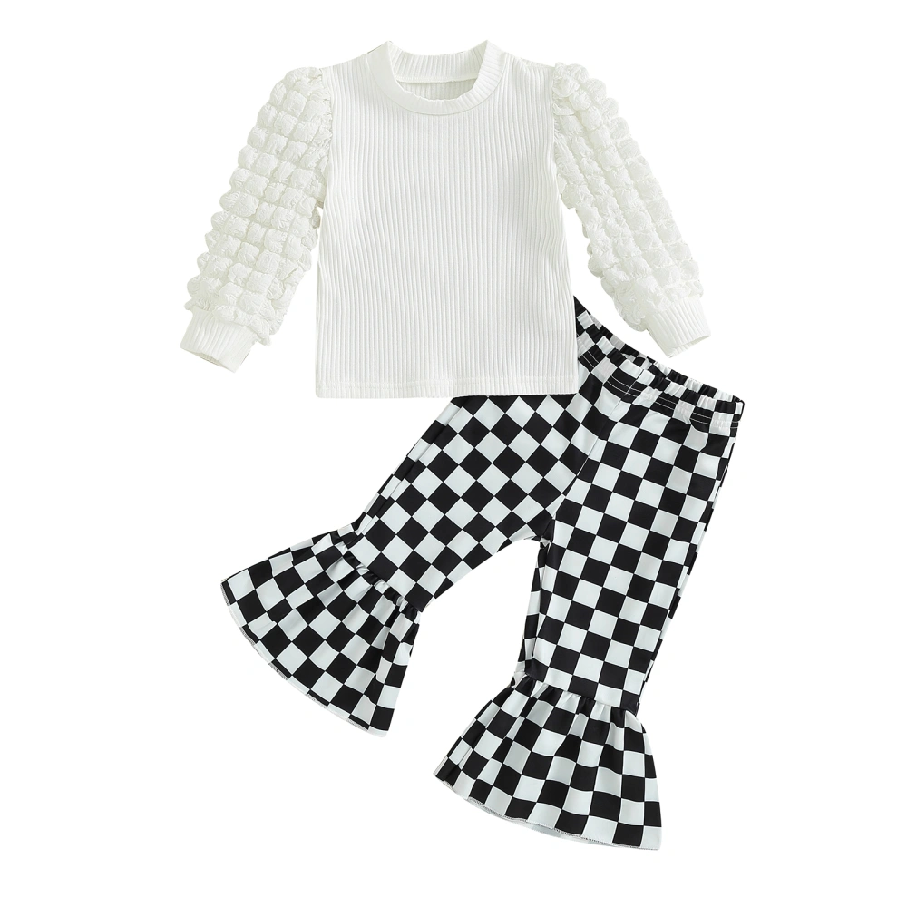 Girl Bubble Long Sleeve Tops with Checkerboard Print Flare Pants