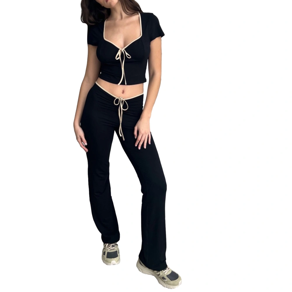 Women's Summer Black Short Sleeve Crop Tops Drawstring Pants Sets