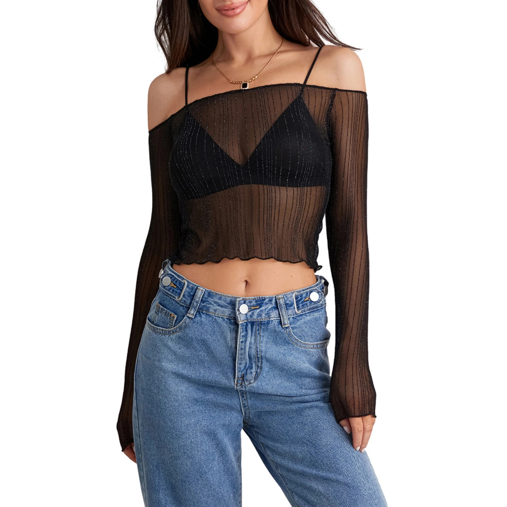 Women Fitted Crop Tops Sheer Mesh Long Sleeve Off-Shoulder Shirt