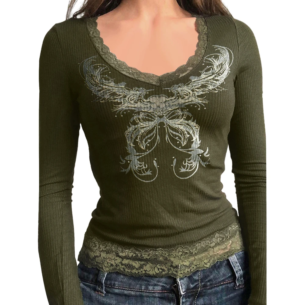 Women's Long Sleeve V Neck Lace Trim Vintage Pattern Print T-shirt