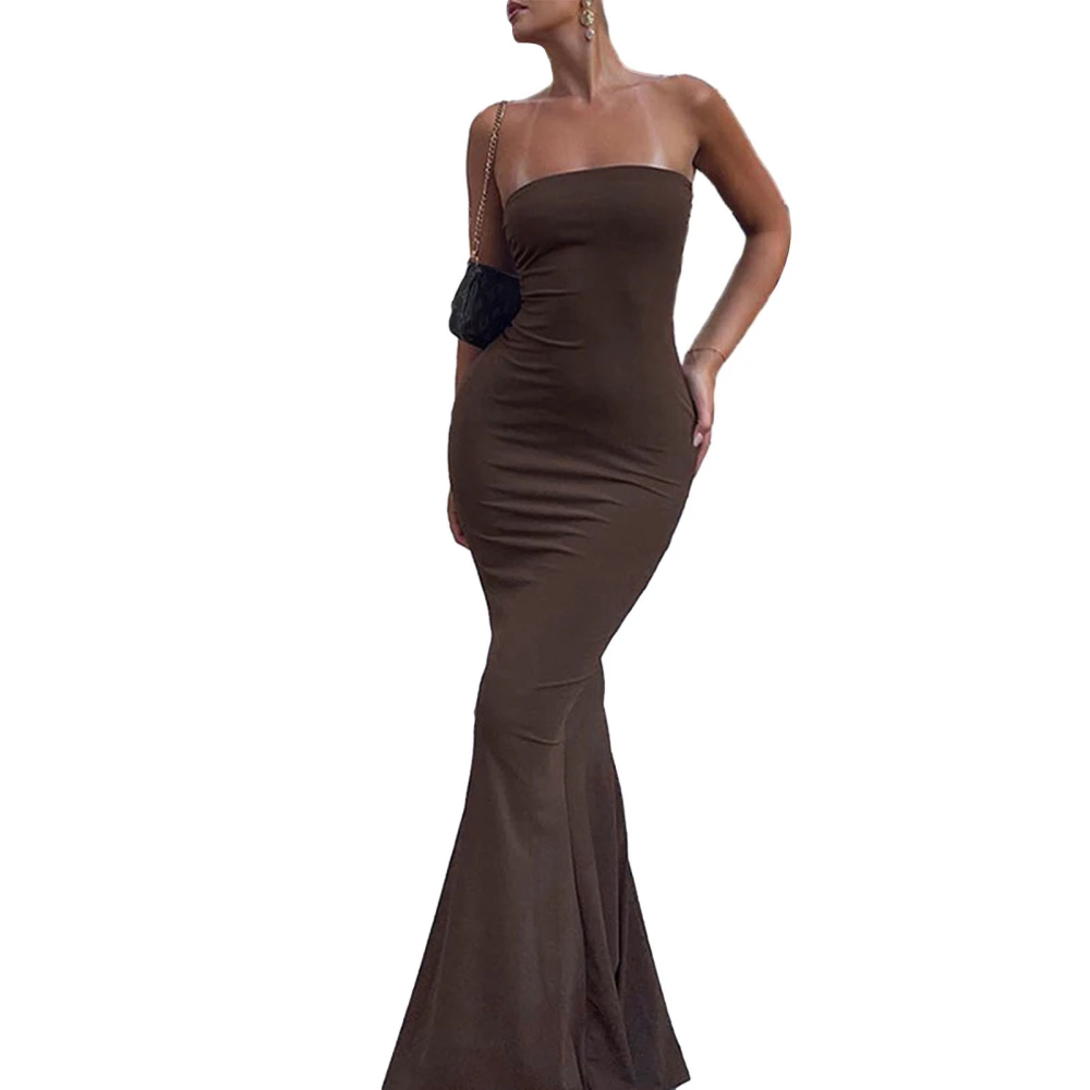 Women Strapless Fishtail Dress Summer Solid Color Backless Party Dress