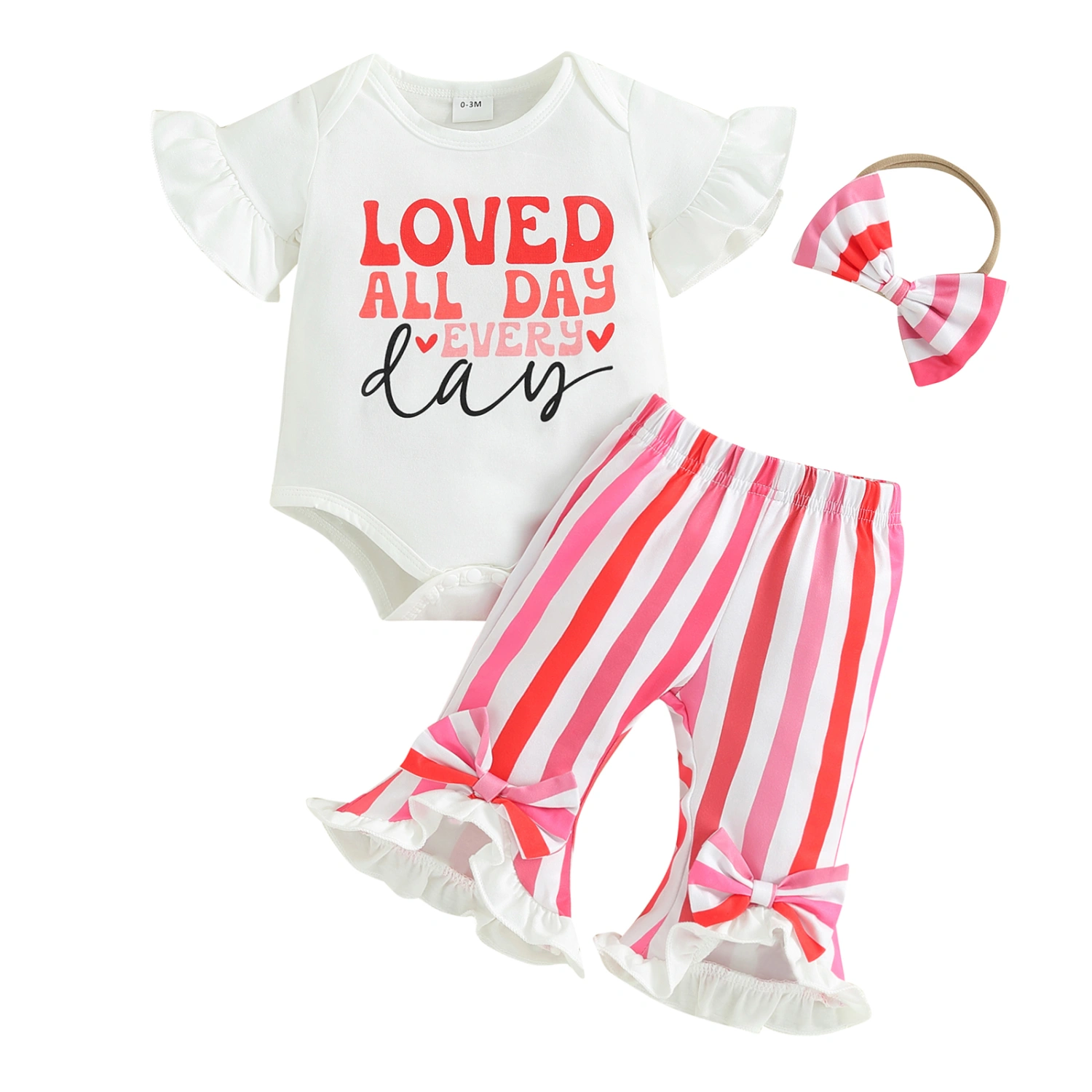 Baby Girls Spring Outfits Letter Print Rompers Flare Pants Headband