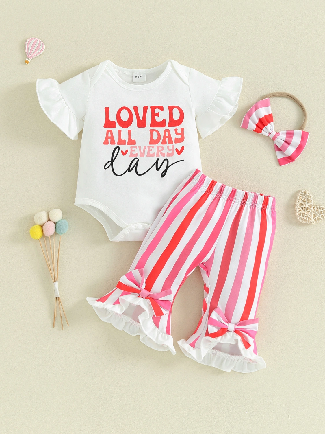 Baby Girls Spring Outfits Letter Print Rompers Flare Pants Headband