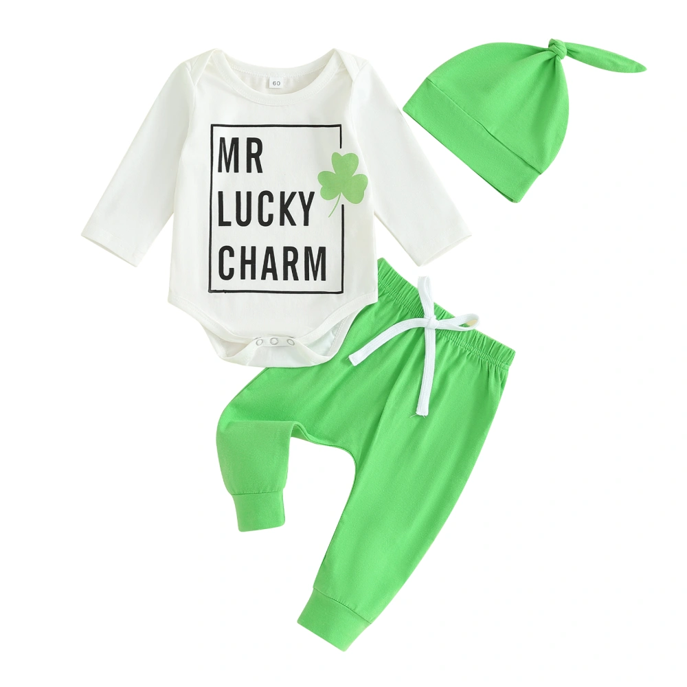 Boy Irish Day Outfit Letter Shamrock Print Rompers and Pants Beanie 