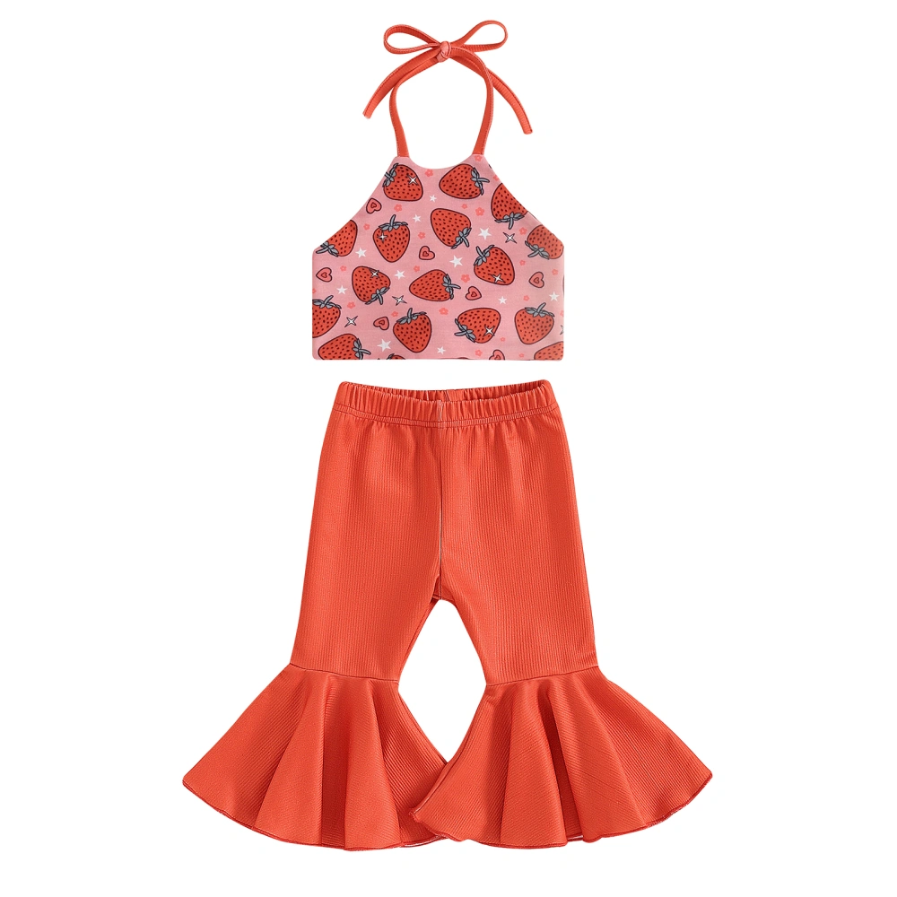 Baby Girls Summer Outfit, Tie-up Halterneck Strawberry Vest Pants