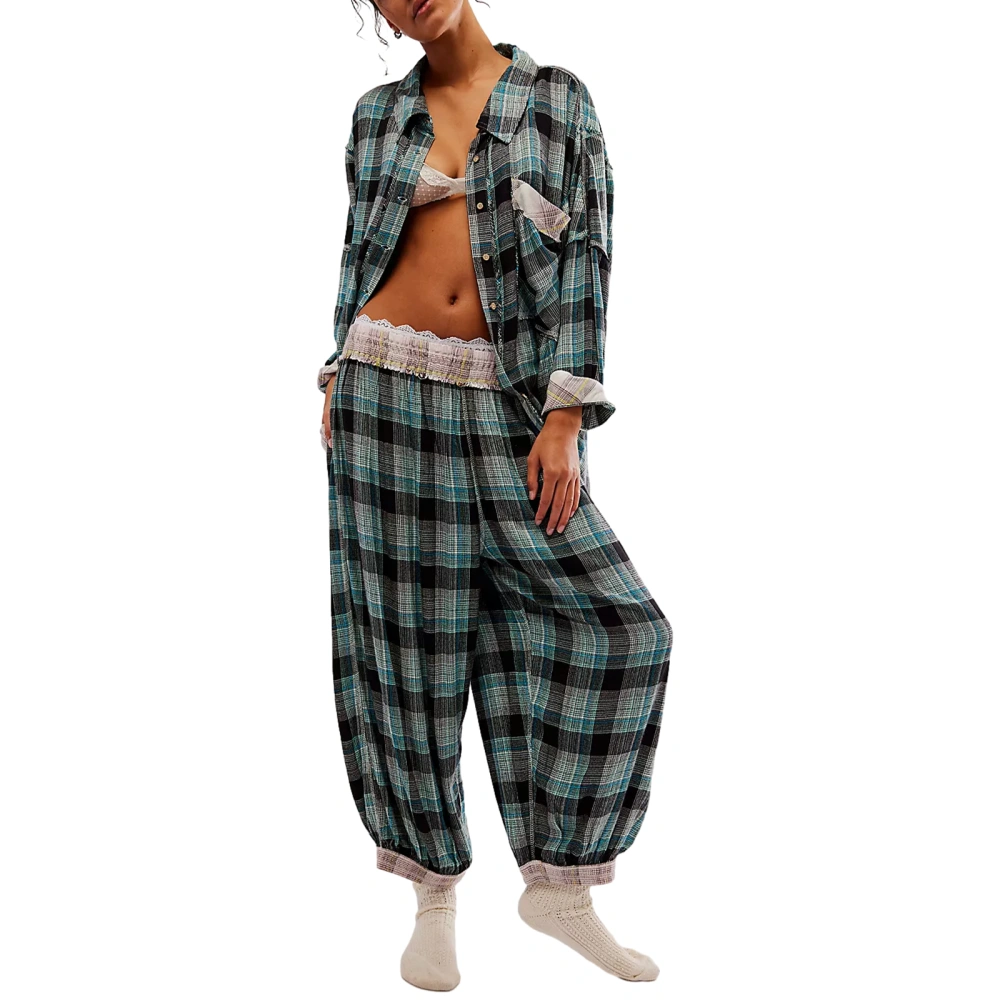 Women Spring Pants Outfits Plaid Long Sleeve Shirts Tops Loose Pants