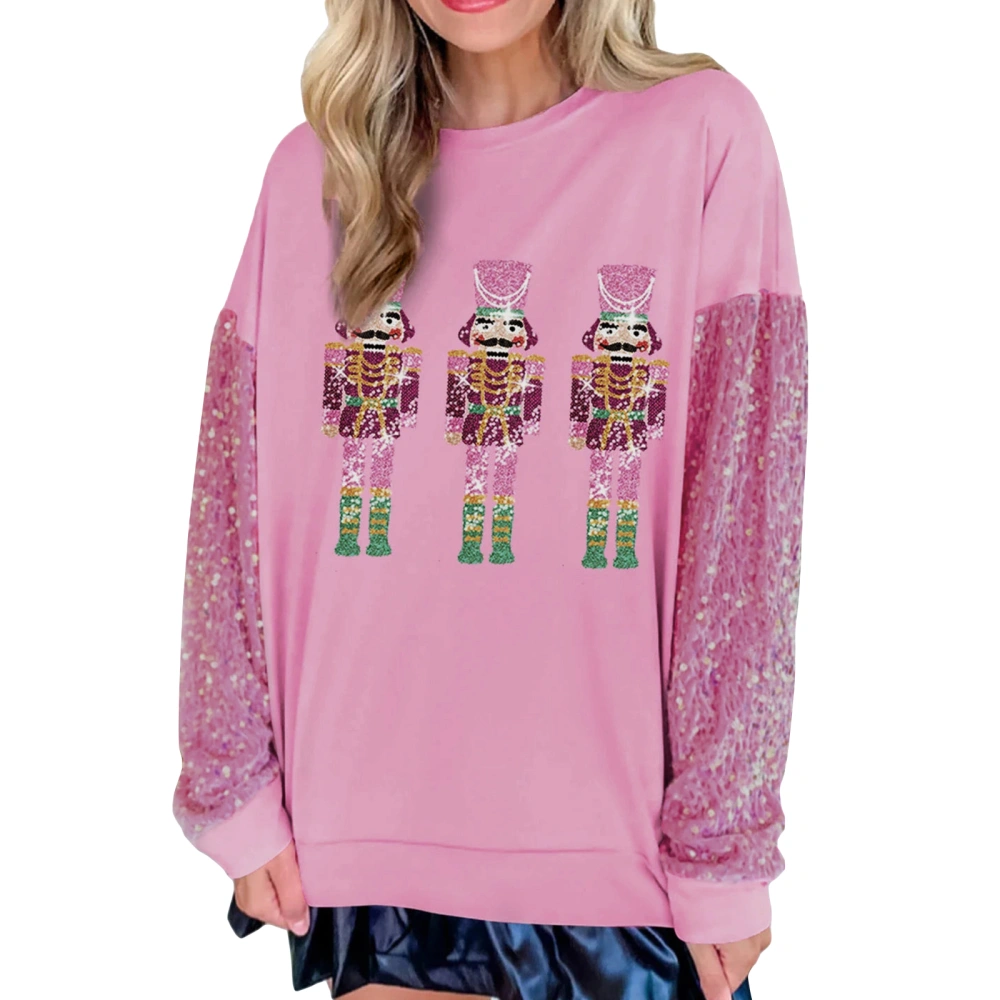 Women's Spring Long Sleeve Crewneck Sequins Soldier Print Pullover