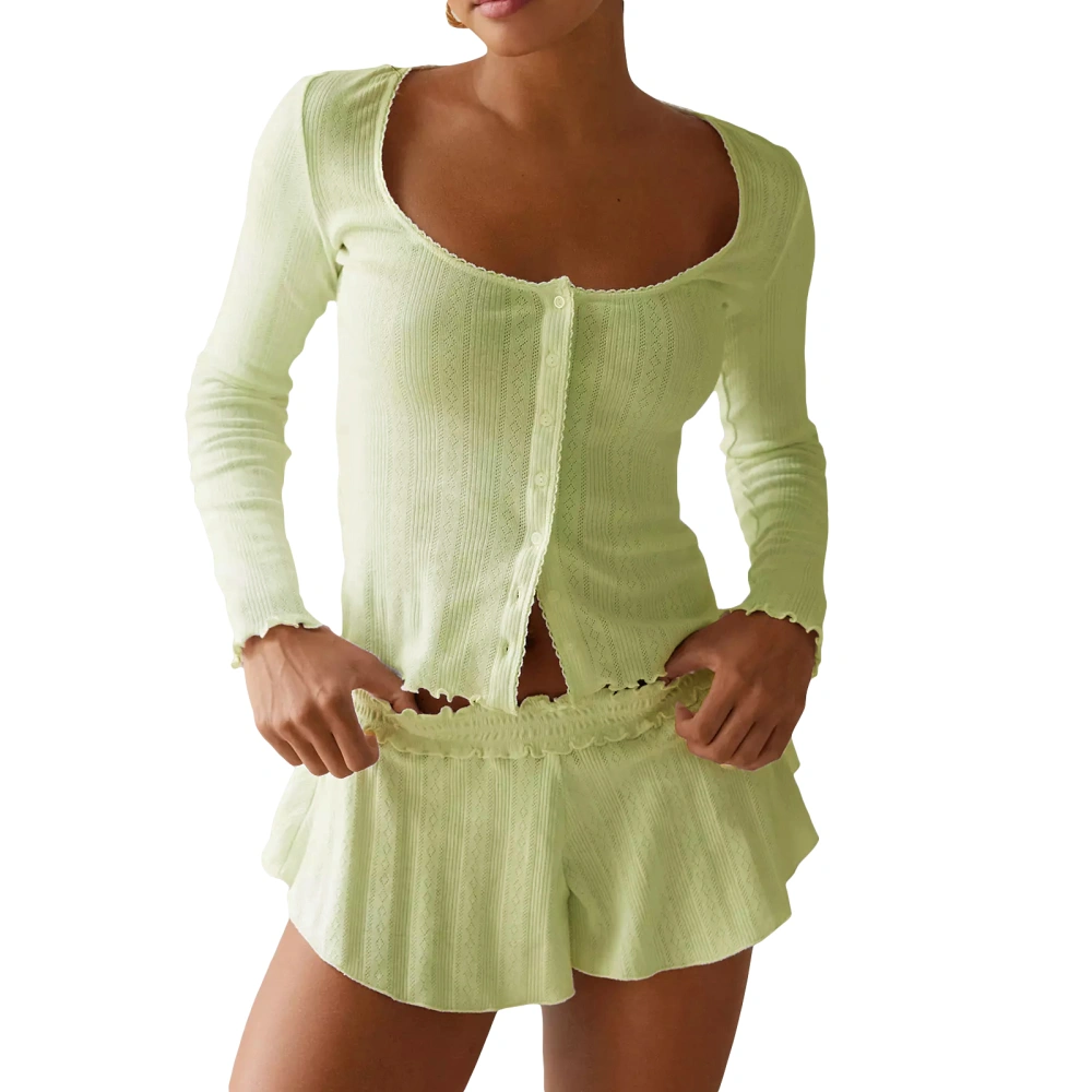 Women Pajama Set, Long Sleeve Button Closure Top with Shorts