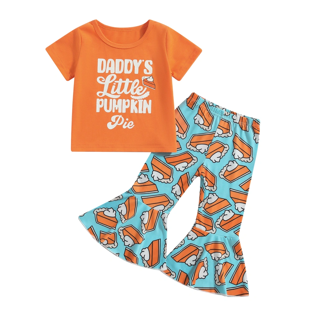 Girls Short Sleeve Letter Print Tops Pumpkin Pie Print Pants Sets