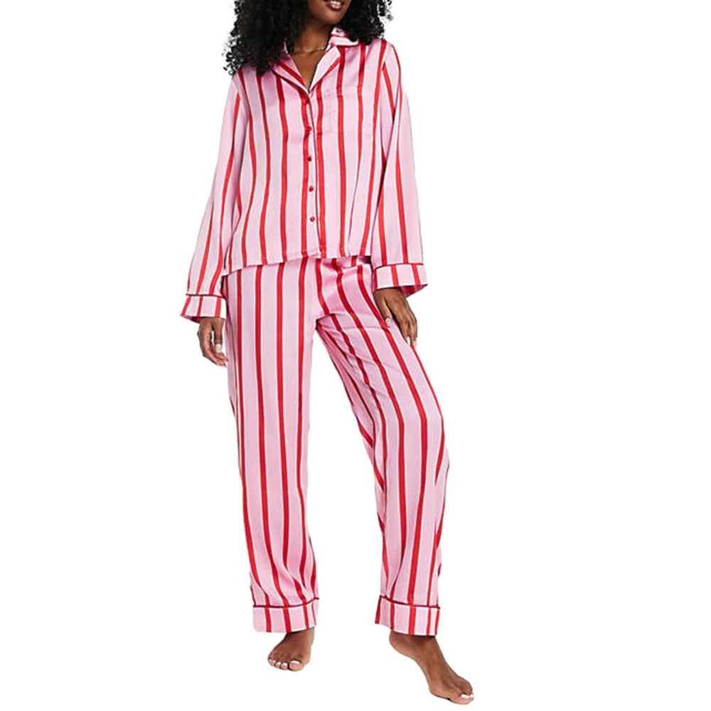 Women 2 Piece Pajama Set Striped Print Long Sleeves Shirt and Pants