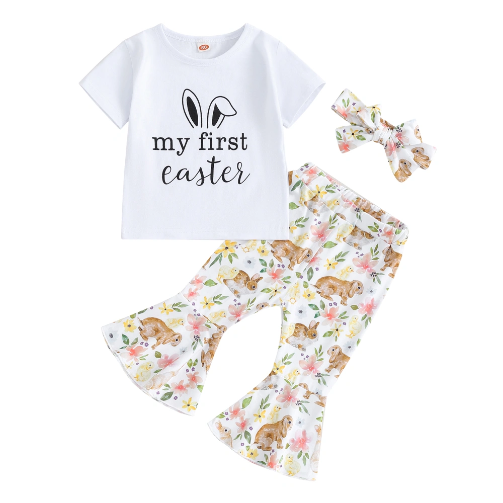 Girls Letter Print Tops Floral Bunny Print Flared Pants Headband Sets