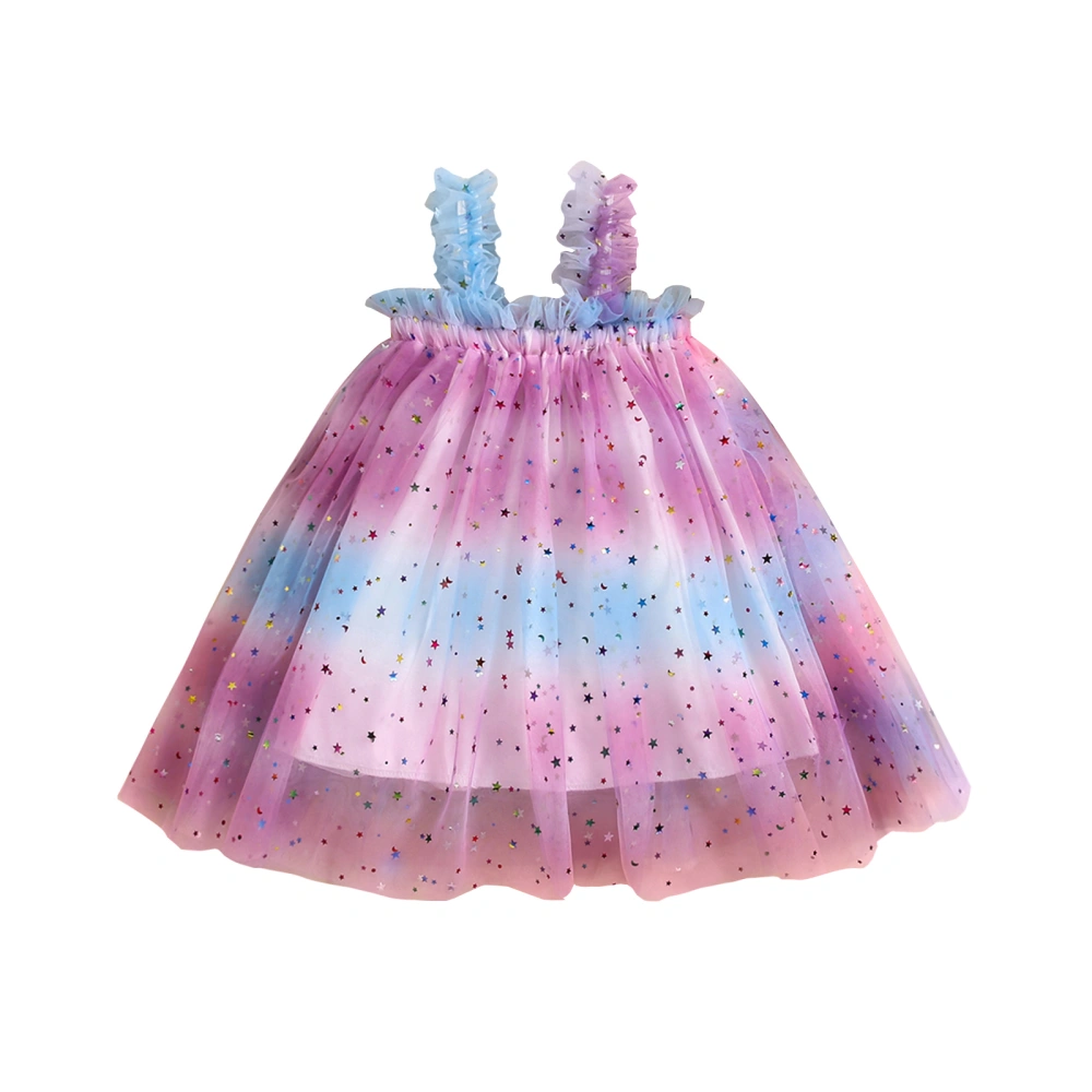 Sleeveless Star Sequin Gradient Frill Trim Tutu Cami Mesh Girl Dress 